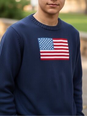 Kids Navy Crewneck Sweater with American Flag Patch- Hope and Henry